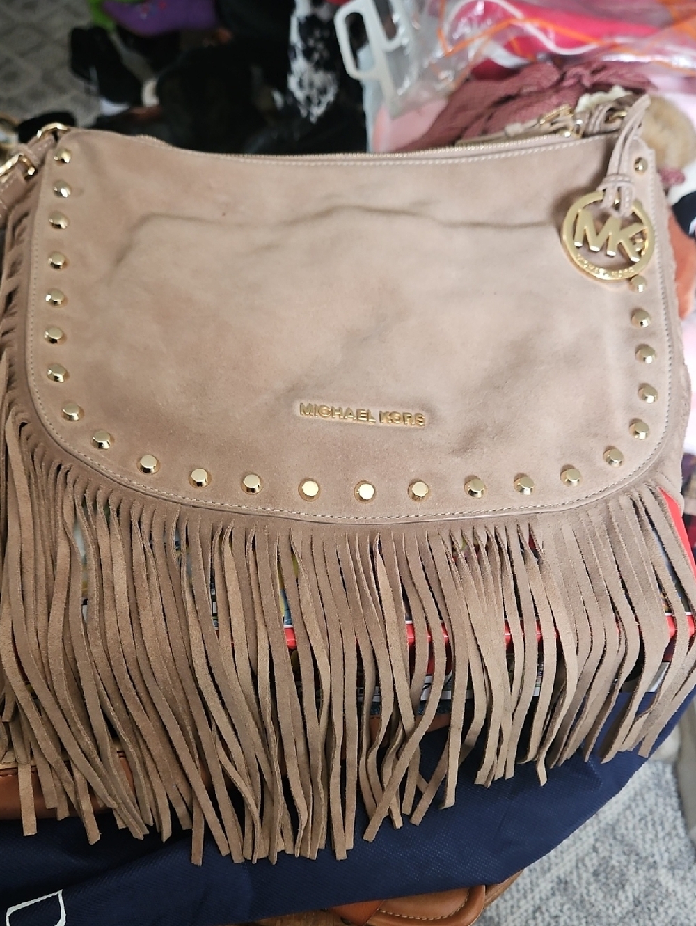 Michael Kors Taupe Suede Fringe Shoulder Bag